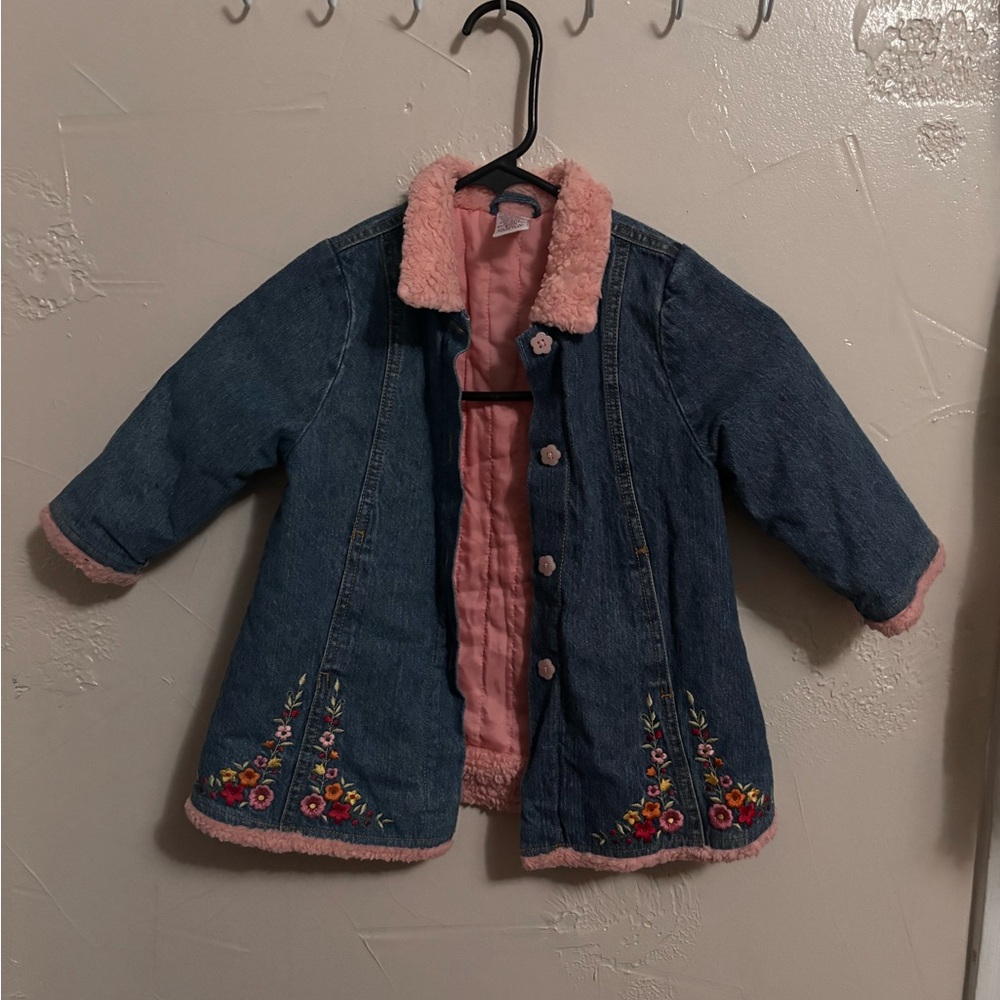 Y2K Gymboree Denim Jacket with Pink Sherpa Trim and Floral Embroidery from 2002